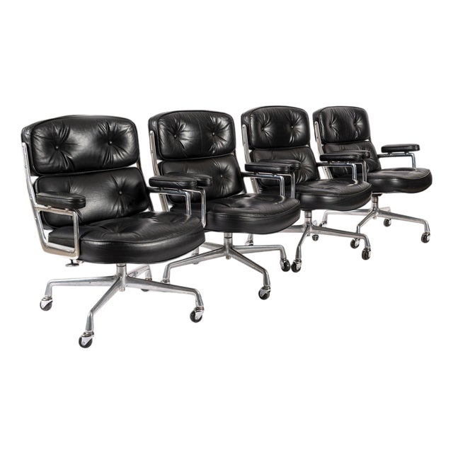 Eames for Herman Miller Time Life Black Leather Office Chairs, 1980s - Set of 4 For Sale