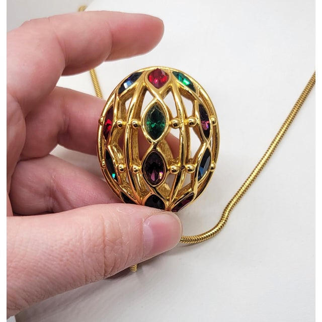 Vintage Signed Napier Goldtone Jewel Tone Rhinestones Pendant Necklace For Sale - Image 10 of 10