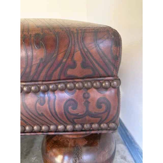 Spanish Colonial Style Embossed Leather Ottoman With Bun Feet For Sale In Los Angeles - Image 6 of 12
