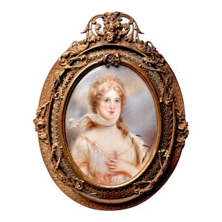 19th Century German Painted Porcelain Miniature Portrait of Queen Louise of Prussia in Ornate Louis XVI Style Gilt Bronze Frame For Sale