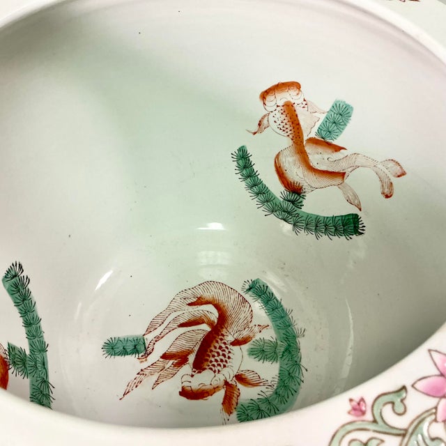 Vintage Chinoiserie Boho Chic Hollywood Regency Pink Famille Rose Koi Fish Bowl Planter. For Sale - Image 13 of 13
