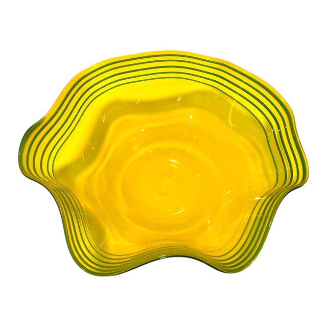 Glass Blenko Centerpiece Bowl Large 16" Art Glass Yellow Green Threaded Large Signed Walter Blenko For Sale - Image 7 of 11