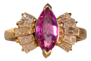 The 182nd Avenue: Vintage Marquise Pink Sapphire and Tapered Baguette Cut Natural Diamond Ring in Yellow Gold