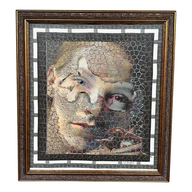 1970s Signed Linda Sturm Mixed Media Portrait – Surreal Female Face With Butterfly & Bird, Contemporary Framed Wall Art For Sale