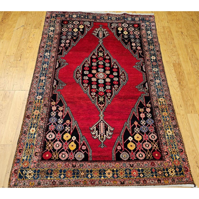 Vintage Persian Mazgalan Area Rug, Hand-Knotted Wool, Geometric Pattern, 5x7, Red & Navy For Sale - Image 11 of 18