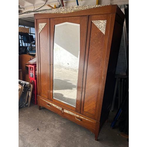 Art Deco Oak Wardrobe with Mirror and Carved Details, 1920s For Sale - Image 11 of 14