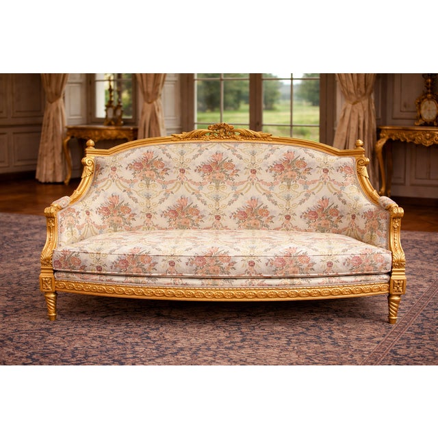 French 1980 French Louis XVI Gold Beech Damask Settee For Sale - Image 3 of 5