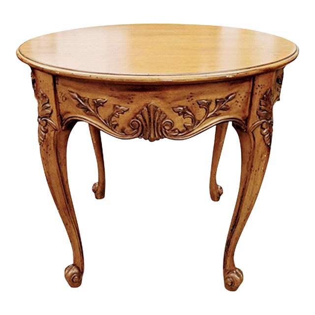 Vintage Round Oak Carved Table With Cabriole Legs For Sale