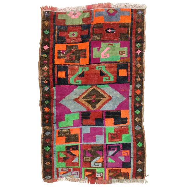 One of a kind vintage Turkish mat from the 20th century. All you got to do is Look at the colors ! Fun Rug Measures: 1'5''...