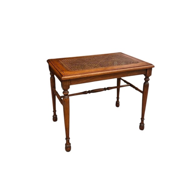 Traditional 1970s Vintage Traditional Wooden Accent Table or Decorative Bench With Turned Legs and Supports and Caned Top For Sale - Image 3 of 7