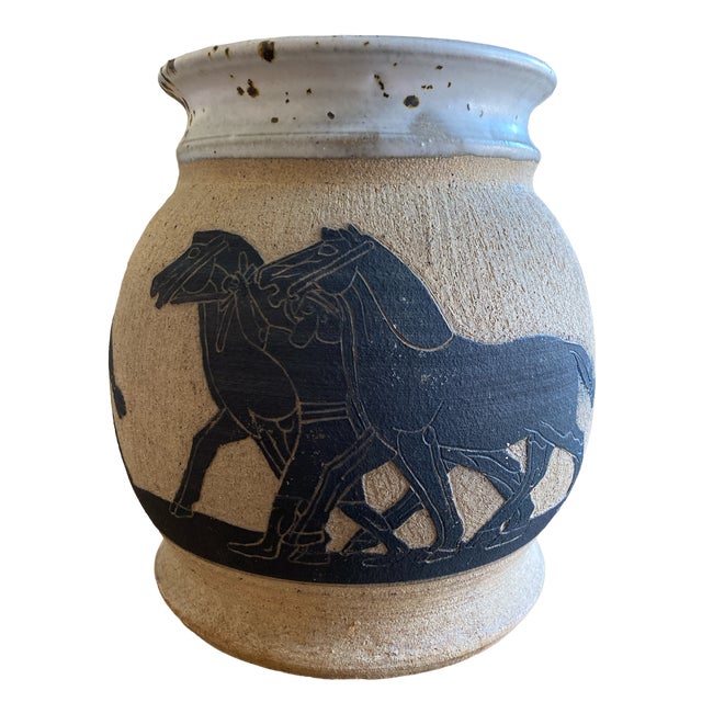 Brutalist 1970s Large Handmade Vase With Carved Ancient Horse and Warrior Groom Motif For Sale - Image 3 of 9