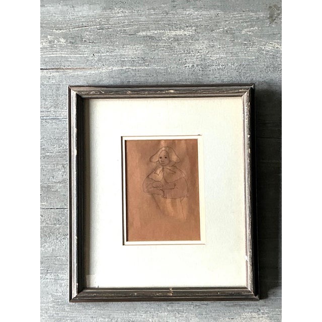 Vintage Portrait Drawing in Frame For Sale - Image 10 of 13