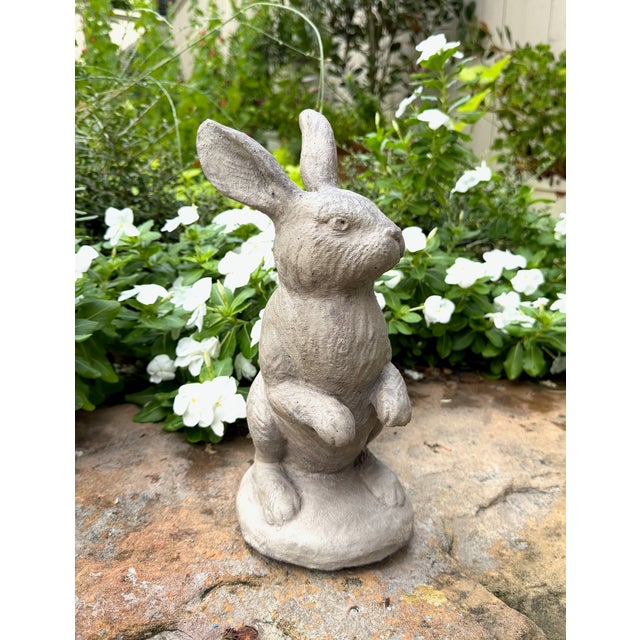 Endearing upright garden bunny standing upright on back paws. The rabbit is made from concrete, and hefty for its size....