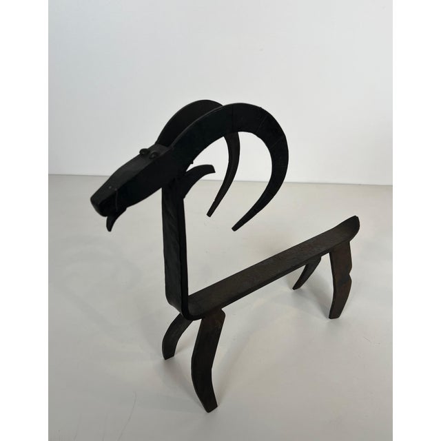 Metal 1950s Pair of wrought iron andirons representing a goat in the style of Edouard Schenck For Sale - Image 7 of 12