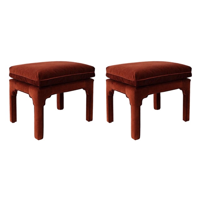 1970s Sculptural Arched Leg Rectangular Red Velvet Ottomans - A Pair For Sale