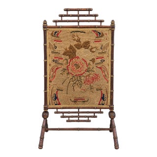 Antique 19th Century Napoleon III Faux Bamboo Fireplace Screen With Floral Needlework Panel For Sale