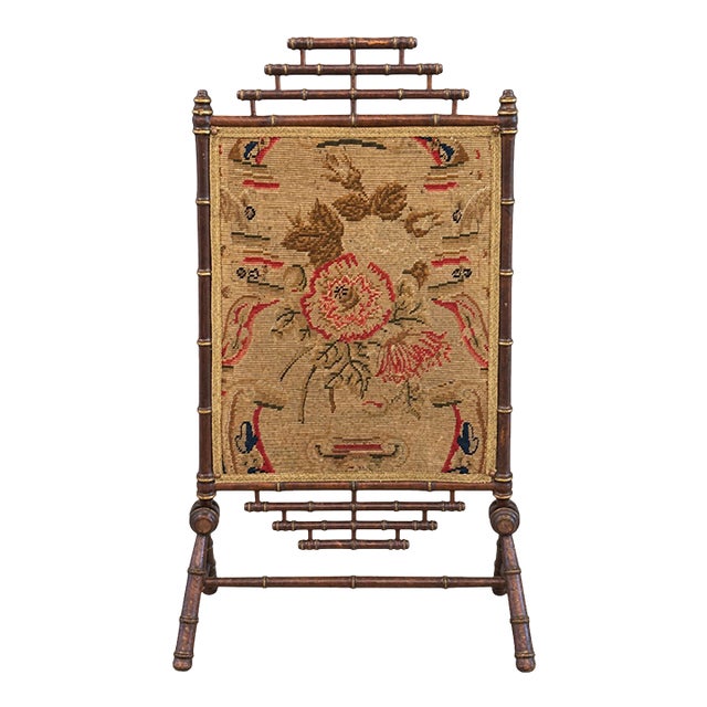 Antique 19th Century Napoleon III Faux Bamboo Fireplace Screen With Floral Needlework Panel For Sale