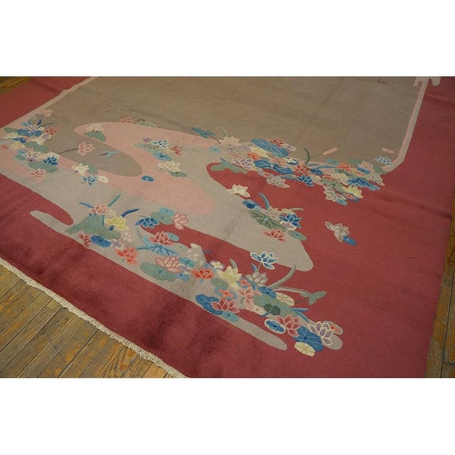 1920s Taupe Background Iconic Floral Design Antique Chinese Art Deco Wool Rug For Sale - Image 4 of 5