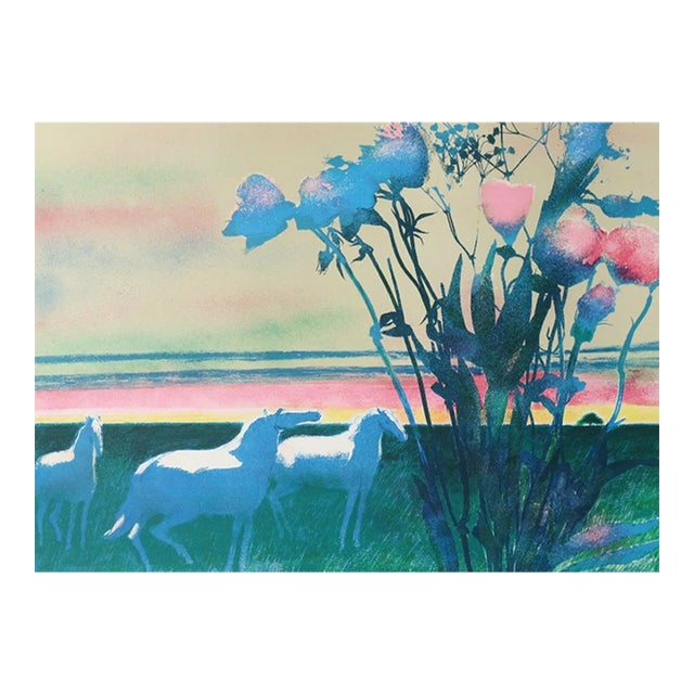 Guiramand Original Lithograph Flowers With 3 Horses Signed & Numbered For Sale