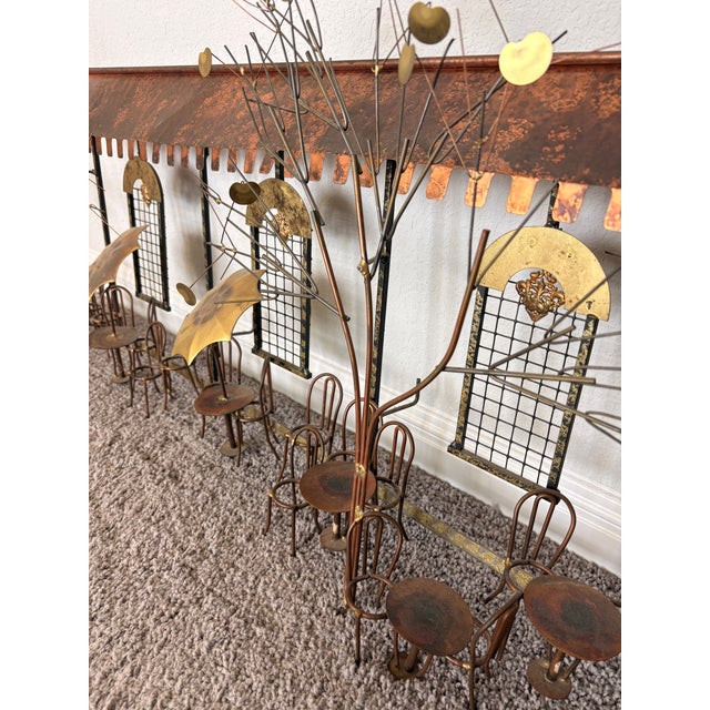 Signed Curtis Jere Brutalist Café Street Scene Wall Sculpture, Copper & Brass, C. 1970s For Sale - Image 9 of 12