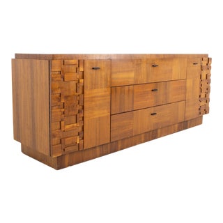 Paul Evans Style Lane Brutalist Mid Century Walnut 9 Drawer Lowboy Dresser For Sale