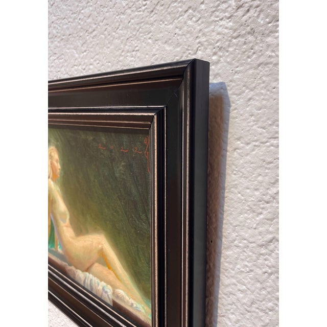Reclining Nude in Green by Diego Glazer | Oil on canvas panel Nude figure seated against a dark background. For Sale - Image 4 of 5