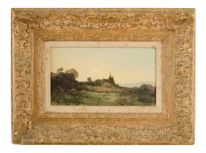 Henri-Joseph Harpignies (French 1819-1916) "Lonely Church" Oil on Canvas Signed and Dated '11