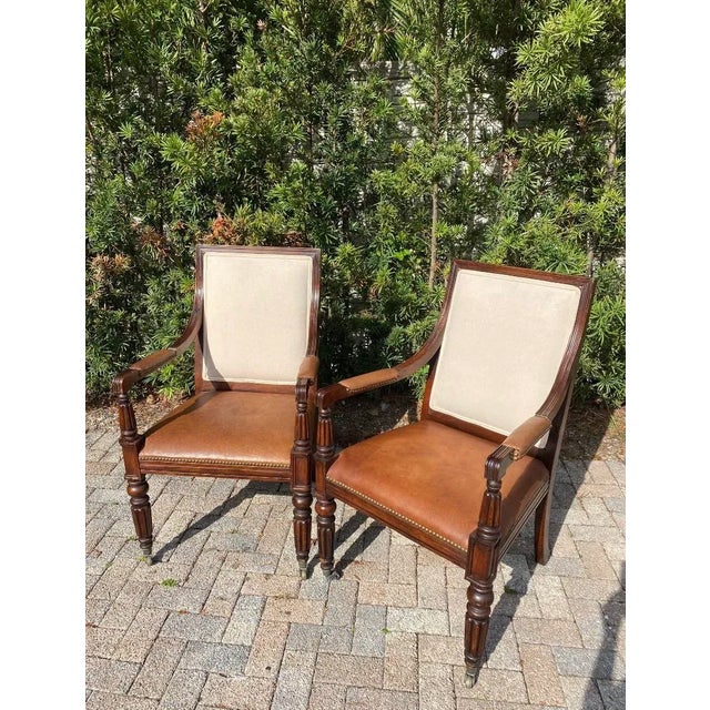 Ralph Lauren Classic Vintage Carved Wood Accents Arm Chairs With Traditional Cognac Leather Seats - A Pair For Sale - Image 9 of 11