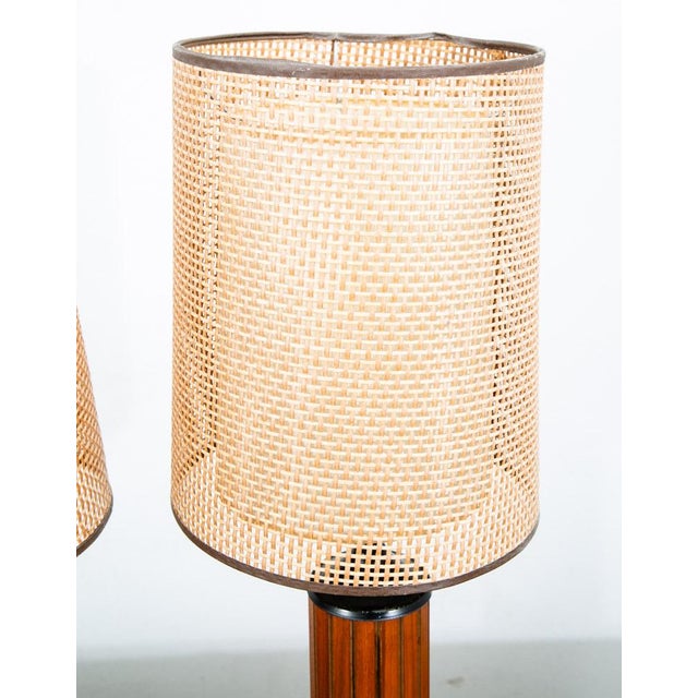 1960s Mid Century Modern Lamp Set Table Light Lighting Gruvwood Walnut Cane Shade Pair For Sale In Sacramento - Image 6 of 11