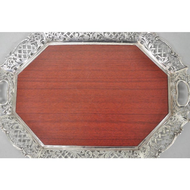 Metal Vintage Victorian Melamine & Silver Plated Faux Wood Bar Liquor Serving Tray For Sale - Image 7 of 10