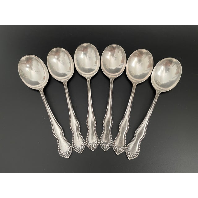 Set of 6 antique silverplate round bowl gumbo soup spoons in the Pearl pattern by Holmes & Edwards / International Silver....