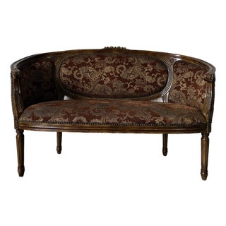 Vintage Louis XVI Style Curved Barrel Back Loveseat With Nailhead Trim For Sale