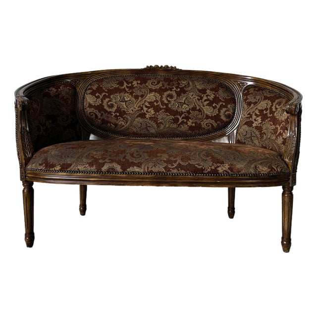 Vintage Louis XVI Style Curved Barrel Back Loveseat With Nailhead Trim For Sale