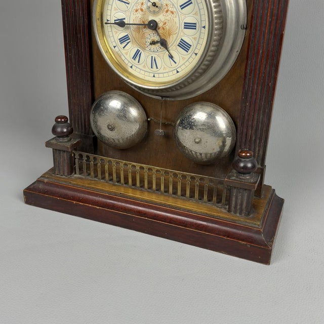 Brown Antique Empire Wooden Hand-Wound Mechanical Clock with Bell, 1890s For Sale - Image 8 of 14