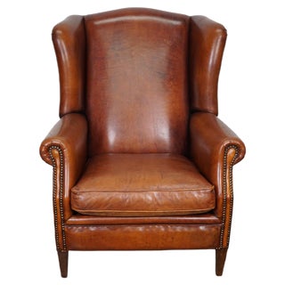 Vintage Dutch Cognac Colored Wingback Leather Club Chair For Sale
