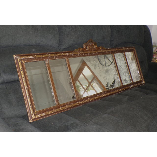 Vintage Etched 5 Panel Gold Gilt Gesso Buffet or Mantle Mirror c. 1920's. Beautiful ornate solid wood frame, with carved...