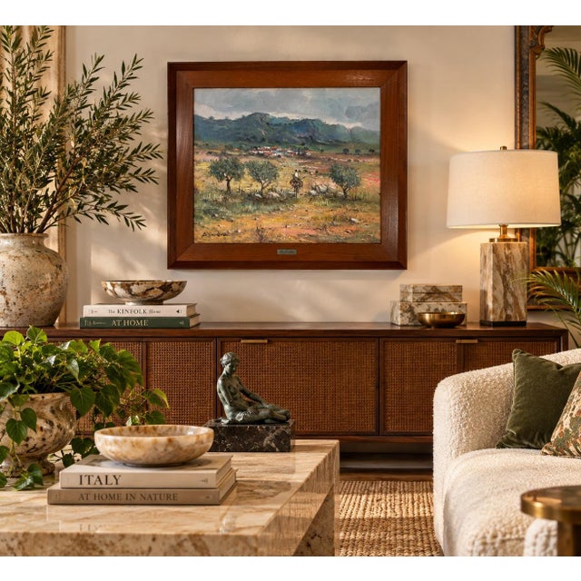 Beautiful 1960s vintage oil on canvas landscape by B. Andreu, depicting a peaceful countryside scene with rolling...
