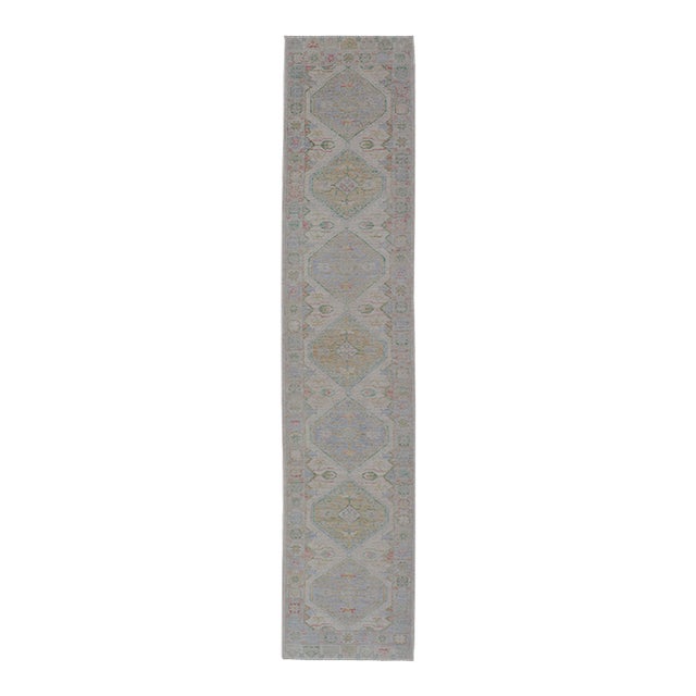 Modern Oushak Runner Design in Cream Background and All-Over Design 3'2 X 16'6 For Sale