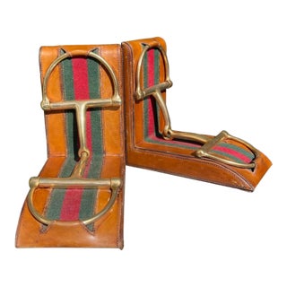 1970s Gucci Gold Plated Snaffle Bit Leather Bookends - A Pair For Sale