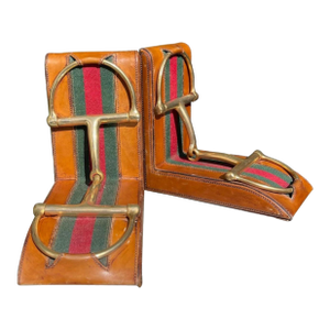 1970s Gucci Gold Plated Snaffle Bit Leather Bookends - A Pair