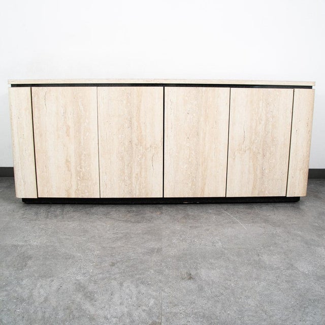 Faux stone 1980s credenza with drawer and cabinet storage within. Unknown maker.