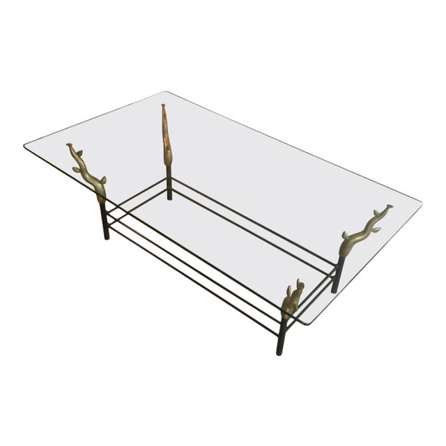 Wrought Iron and Bronze Coffee Table Representating Trees, French, circa 1970 For Sale