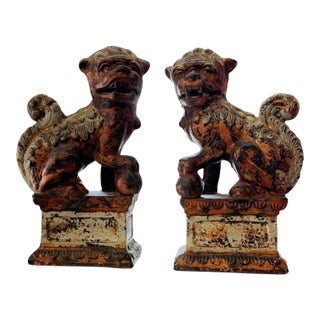 Pair of Vintage Japanese Cast Metal Guardian Lion Foo Dog Sculptures For Sale