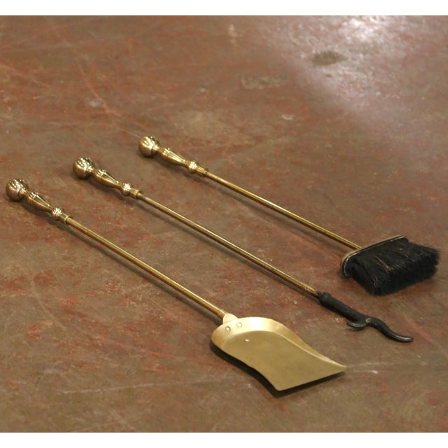 Mid-Century French Brass and Iron Four-Piece Fireplace Tool Set on Stand For Sale - Image 9 of 9
