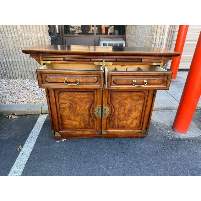 Bernhardt Furniture Chinoiserie Style Rolling 2 Drawer Side Bar With Brass Accents Server -Buffer For Sale - Image 11 of 12