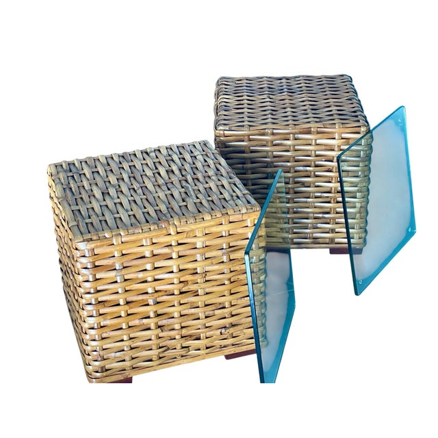 Woven Rattan Cube End Tables, Vintage, a Pair, Modern, Coastal For Sale - Image 10 of 12