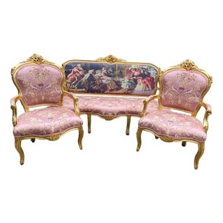 1960s French Artisan Louis XVI Pink Gilt Beech Sofa Set—3 Pc For Sale
