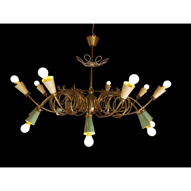 Brass 16-Light Chandelier with Colored Metal Lamp Holder, 1950s For Sale - Image 9 of 18