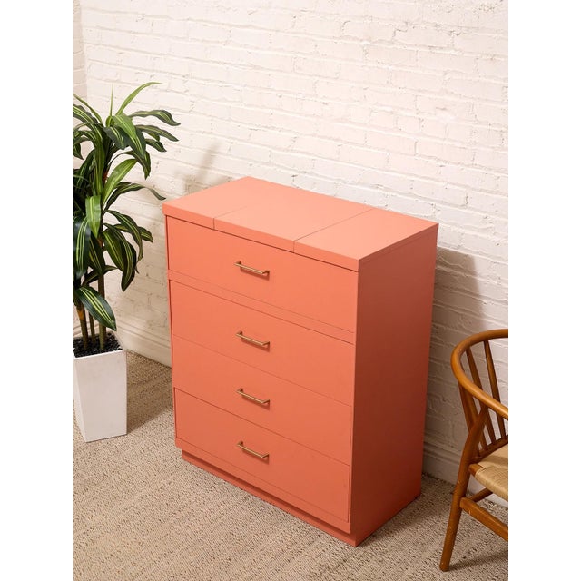Postmodern Vintage Postmodern Burnt Orange Four-Drawer Highboy Dresser With Brass Hardware For Sale - Image 3 of 12