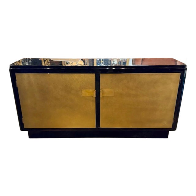 Period Black Lacquered Art Deco Style Cabinet With Gold Leaf Doors For Sale